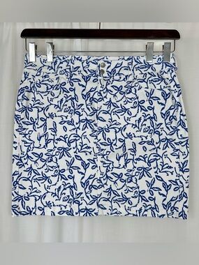 Old Navy Womens Denim Pencil Skirt 16 Blue White Floral Leaf Print Stretchy Jean